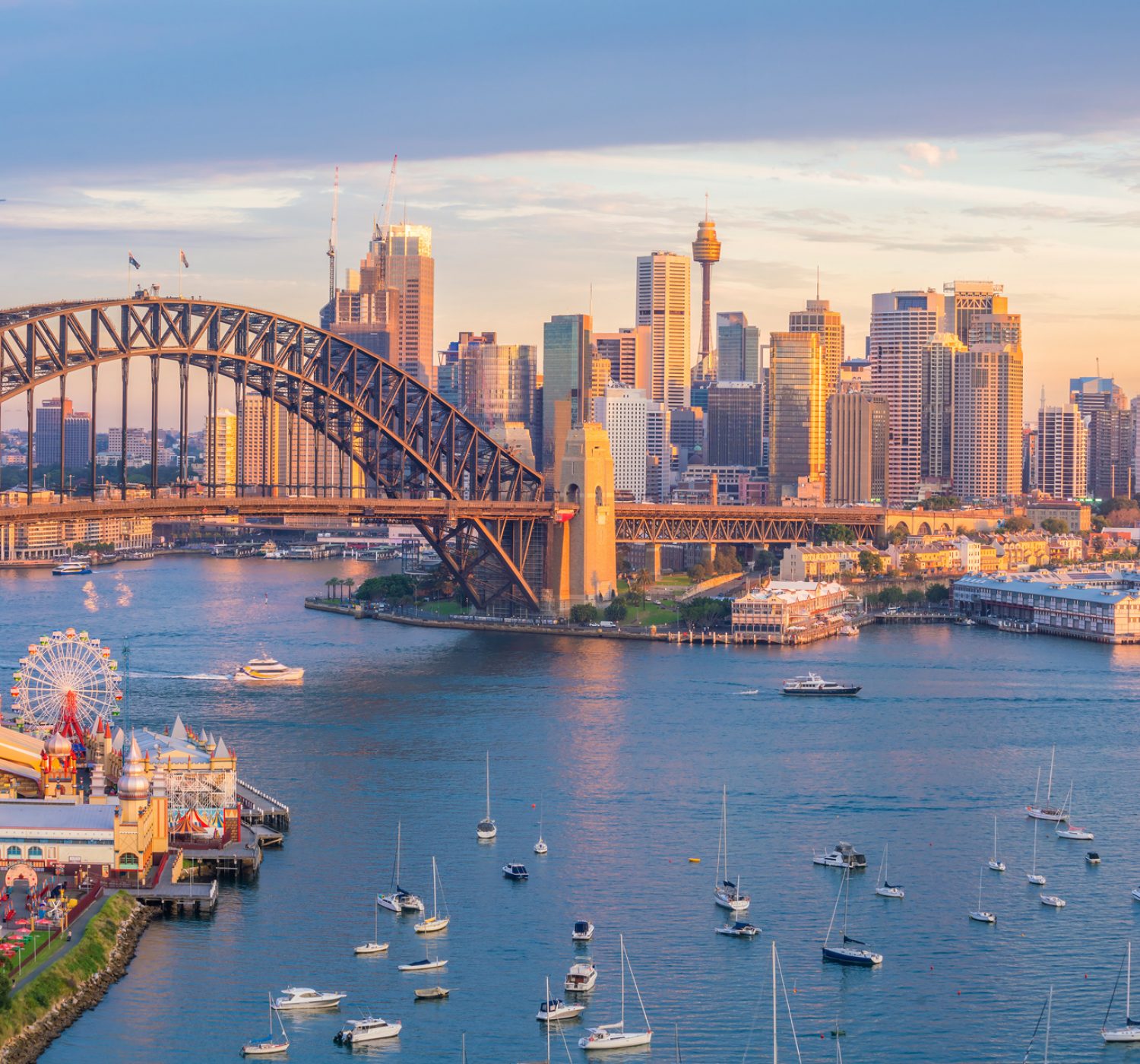 Downtown Sydney skyline in Australia from top view at twilight